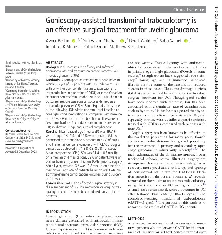 Gonioscopy-­assisted transluminal trabeculotomy is an effective surgical treatment for uveitic glaucoma